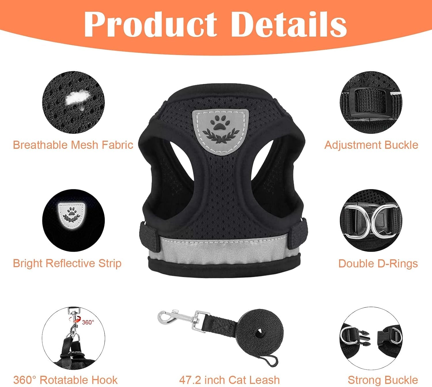 Cat Harness and Leash for Walking Escape Proof No Pull Dog Harnesses for Small Dogs Vest Adjustable Easy Control Kitten Harness and Leash Reflective Breathable Cat Leash and Harness Set (Black, XS)