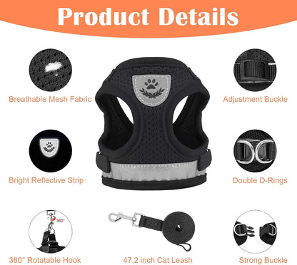 Cat Harness and Leash for Walking Escape Proof No Pull Dog Harnesses for Small Dogs Vest Adjustable Easy Control Kitten Harness and Leash Reflective Breathable Cat Leash and Harness Set (Black, XS)