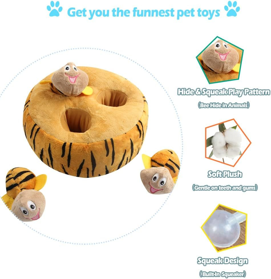 Hide and Seek Plush Dog Toy Squeaky Bee Interactive Puppy Toys, Durable Enrichment Toys for Mental Stimulation Anxiety Relief (Fun Training Game)