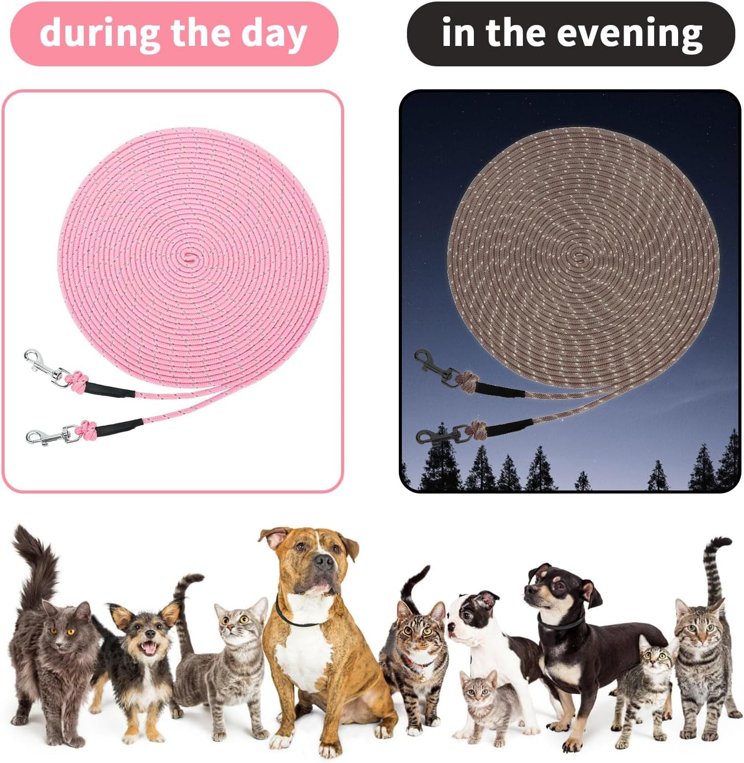 Reflective Cat Long Leash - 50 FT Escape Proof Walking Leads Yard Long Lead Durable Safe Personalized Extender Leash Traning Play Outdoor for Kitten, Puppy, Rabbit and Small Animals(Pink-L)