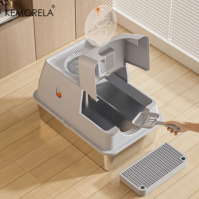 KEMORELA Stainless Steel Cat Litter Box with Lid - Odor-Proof Enclosed High-Sided Design Includes Scoop Anti-Leak & Easy Clean