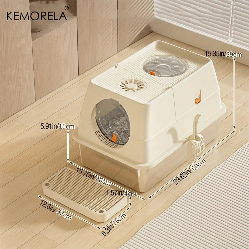 KEMORELA Stainless Steel Cat Litter Box with Lid - Odor-Proof Enclosed High-Sided Design Includes Scoop Anti-Leak & Easy Clean