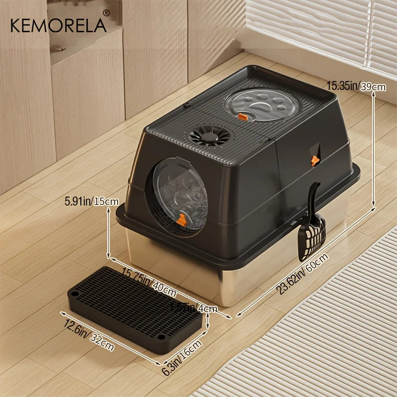 KEMORELA Stainless Steel Cat Litter Box with Lid - Odor-Proof Enclosed High-Sided Design Includes Scoop Anti-Leak & Easy Clean