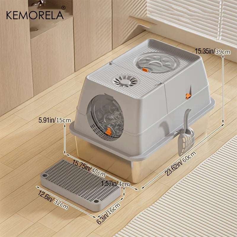 KEMORELA Stainless Steel Cat Litter Box with Lid - Odor-Proof Enclosed High-Sided Design Includes Scoop Anti-Leak & Easy Clean