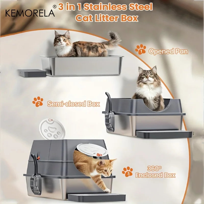 KEMORELA Stainless Steel Cat Litter Box with Lid - Odor-Proof Enclosed High-Sided Design Includes Scoop Anti-Leak & Easy Clean