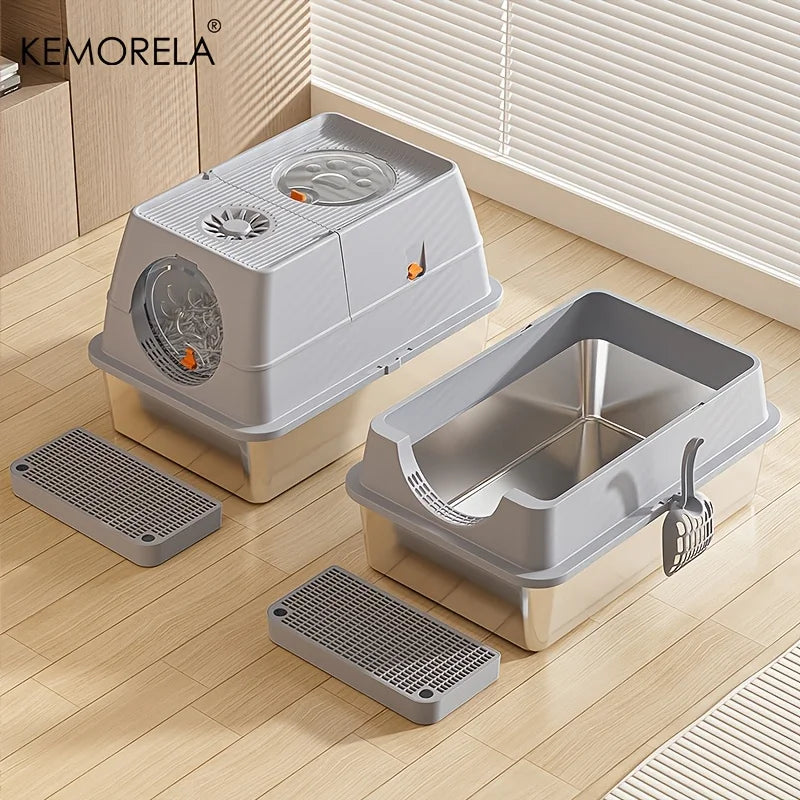 KEMORELA Stainless Steel Cat Litter Box with Lid - Odor-Proof Enclosed High-Sided Design Includes Scoop Anti-Leak & Easy Clean