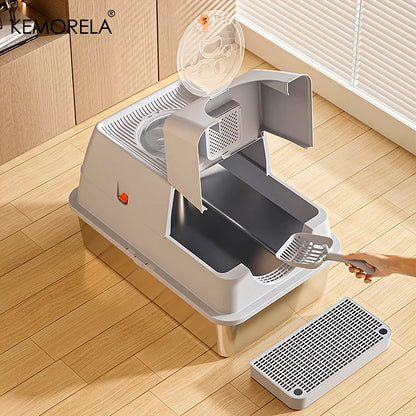 KEMORELA Stainless Steel Cat Litter Box with Lid - Odor-Proof Enclosed High-Sided Design Includes Scoop Anti-Leak & Easy Clean