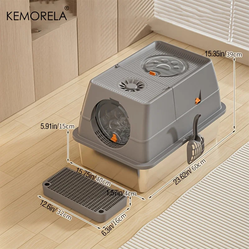 KEMORELA Stainless Steel Cat Litter Box with Lid - Odor-Proof Enclosed High-Sided Design Includes Scoop Anti-Leak & Easy Clean