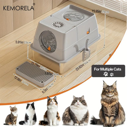 KEMORELA Stainless Steel Cat Litter Box with Lid - Odor-Proof Enclosed High-Sided Design Includes Scoop Anti-Leak & Easy Clean