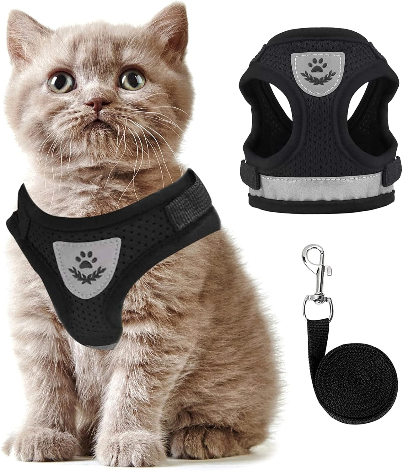 Cat Harness and Leash for Walking Escape Proof No Pull Dog Harnesses for Small Dogs Vest Adjustable Easy Control Kitten Harness and Leash Reflective Breathable Cat Leash and Harness Set (Black, XS)