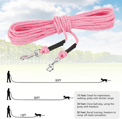 Reflective Cat Long Leash - 50 FT Escape Proof Walking Leads Yard Long Lead Durable Safe Personalized Extender Leash Traning Play Outdoor for Kitten, Puppy, Rabbit and Small Animals(Pink-L)