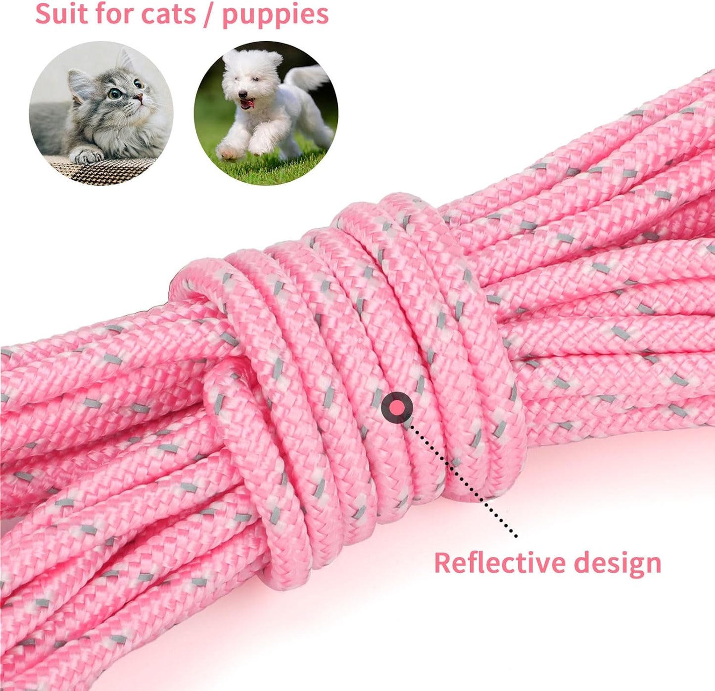 Reflective Cat Long Leash - 50 FT Escape Proof Walking Leads Yard Long Lead Durable Safe Personalized Extender Leash Traning Play Outdoor for Kitten, Puppy, Rabbit and Small Animals(Pink-L)