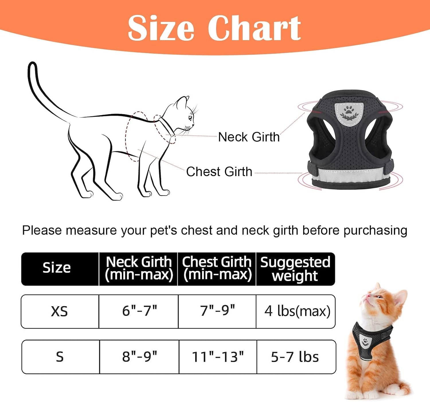 Cat Harness and Leash for Walking Escape Proof No Pull Dog Harnesses for Small Dogs Vest Adjustable Easy Control Kitten Harness and Leash Reflective Breathable Cat Leash and Harness Set (Black, XS)