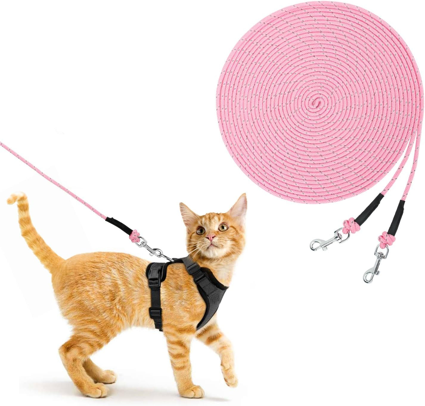 Reflective Cat Long Leash - 50 FT Escape Proof Walking Leads Yard Long Lead Durable Safe Personalized Extender Leash Traning Play Outdoor for Kitten, Puppy, Rabbit and Small Animals(Pink-L)